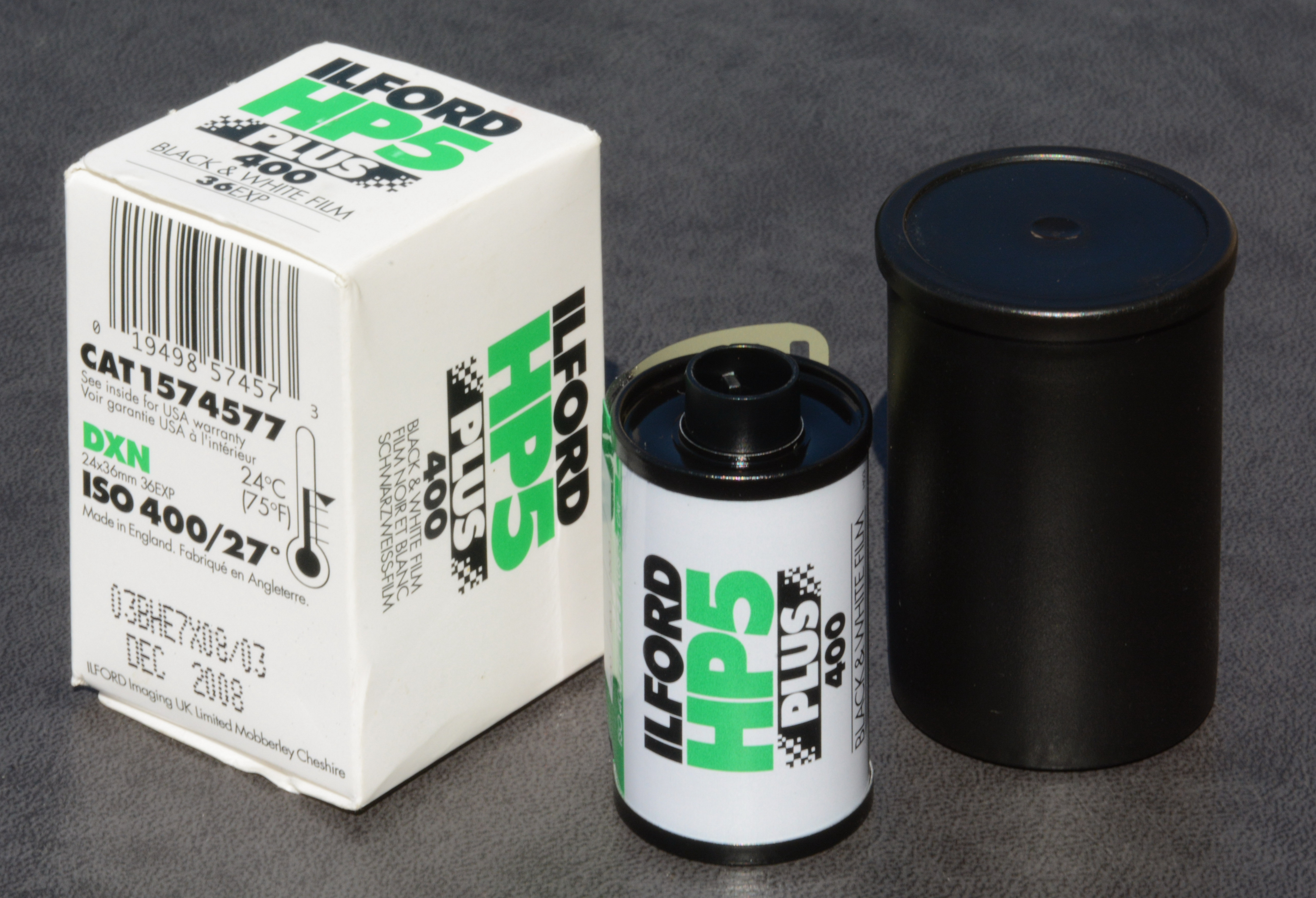 Ilford HP5 Plus 400 black and white 35mm film roll with original box